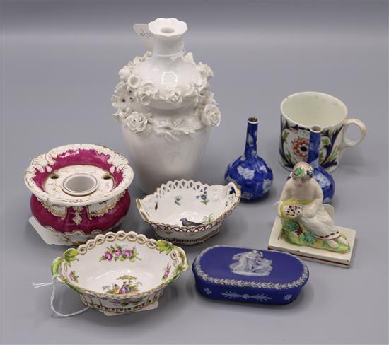 Staffordshire Wood-type figure emblematic of the Seasons, small Berlin oval dish, Jacob Petit vase & sundries(-)